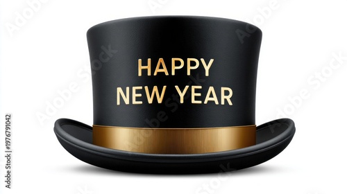 Elegant black top hat with golden Happy New Year inscription and band