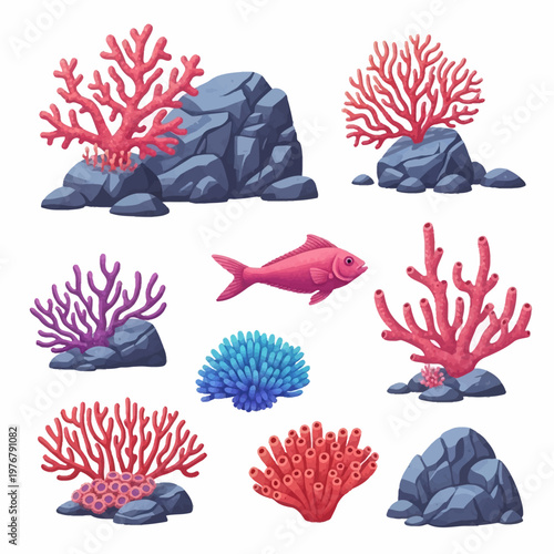 A collection of stylized underwater marine life elements featuring various pink, red, and purple branching corals, sea sponges, grey ocean rocks, and a single pink fish on white background.