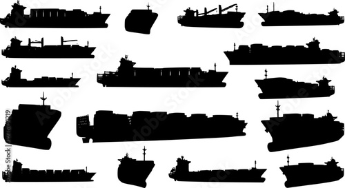 Collection of detailed black container ship silhouettes from multiple perspectives, representing global trade and, isolated on white background
