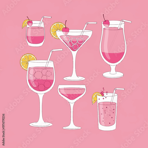 Vector illustration of six pink cocktails in various glass types including martini, hurricane, and wine glasses, decorated with lemon slices and cherries on a solid pink background.