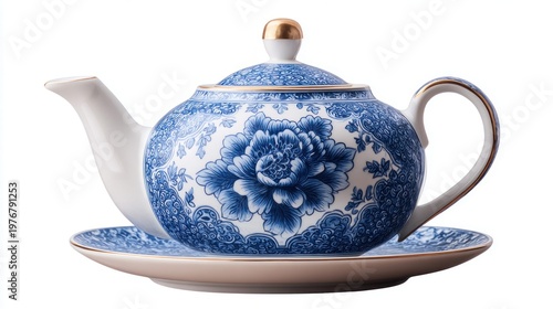 Elegant blue and white porcelain teapot with floral pattern and gold accents