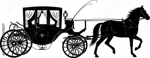 Black silhouette of a vintage horse-drawn carriage with curtains on a isolated on white background
