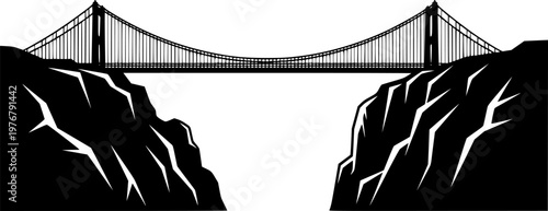 Black silhouette of a suspension bridge between two cliffs on a isolated on white background
