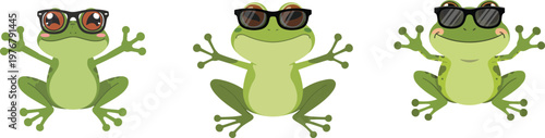 Three cute cartoon frogs wearing stylish sunglasses looking happy and relaxed