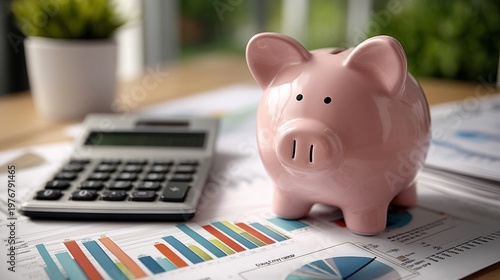 Pink piggy bank standing on financial charts with a calculator, symbolizing savings and investment planning