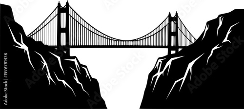 Black silhouette of a suspension bridge between two cliffs on a isolated on white background
