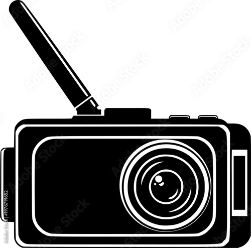 Black silhouette of a dashcam with antenna isolated on white background
