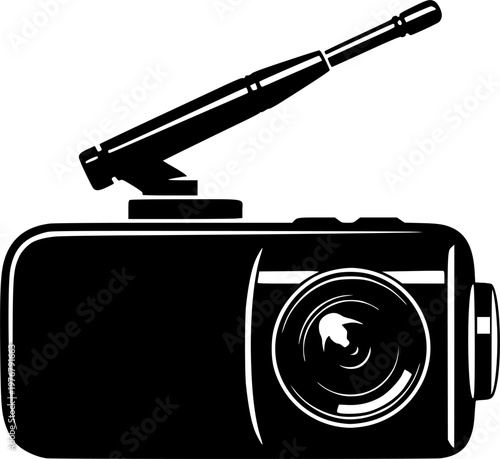 Black silhouette of a dashcam with antenna isolated on white background
