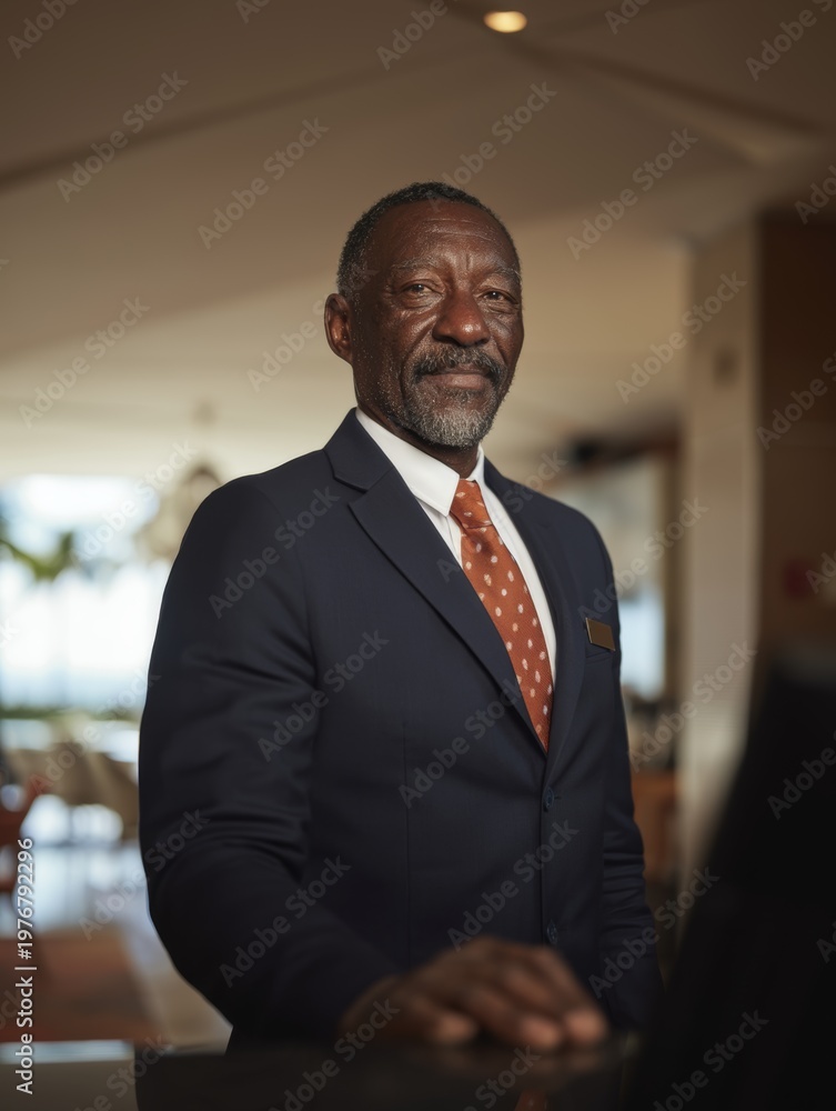 Fototapeta premium Professional African American Man in a Suit, Smiling at the Camera