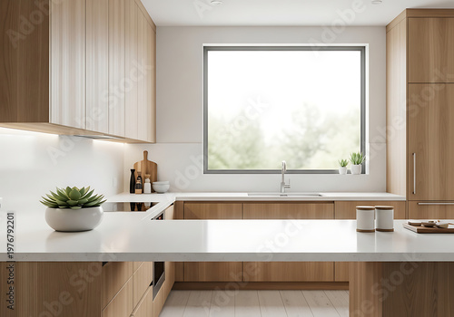 A modern kitchen with wooden cabinets and a large window
