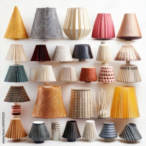A collection of varied, decorative lampshades on display