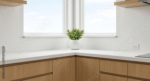 Modern kitchen corner with wooden cabinets and white countertops