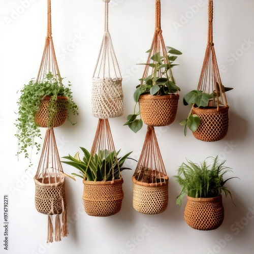 Hanging planters with lush green foliage, white wall