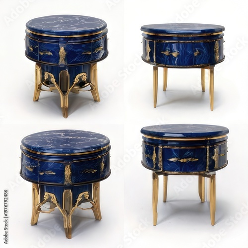 Four views of a blue, gold-trimmed side table
