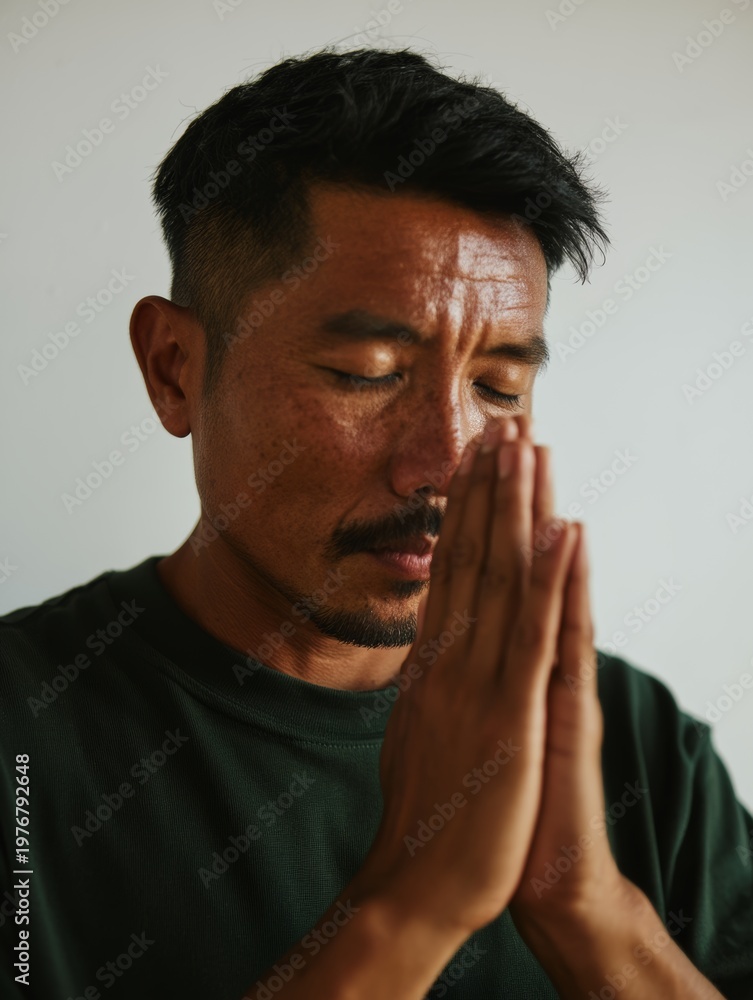Fototapeta premium Man in Deep Thought with Hands Together in Prayer