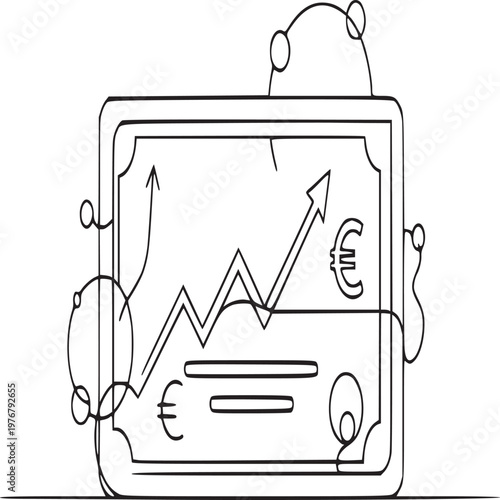 Hand-drawn financial growth chart on digital tablet with euro currency symbols and stylus