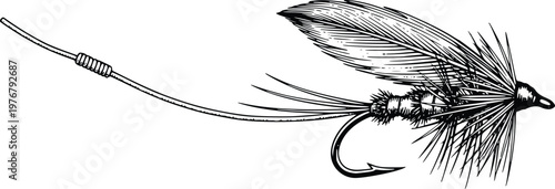 Hand Drawn Fly Fishing Lure with Feather and Hook Vintage Vector Illustration