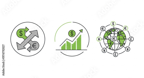 Set of three green financial growth and exchange icons.