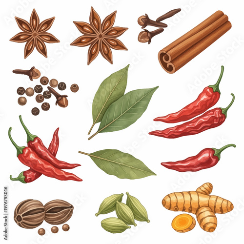 Collection of watercolor culinary spices and herbs including star anise, cinnamon, cloves, peppercorns, bay leaves, red chili peppers, cardamom, nutmeg, and turmeric root on white.