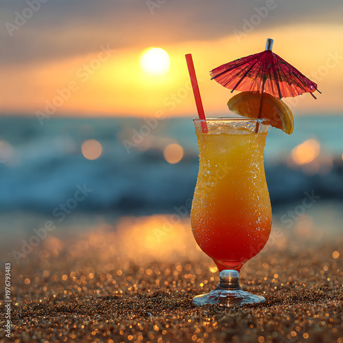 Tropical Cocktail at Sunset Beach with Vibrant Colors