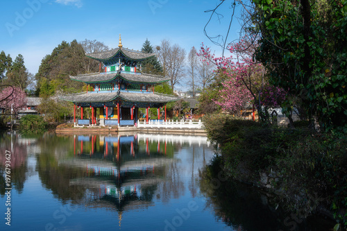 Heilongtan, Black Dragon Pool Garden with Moon Embracing Pavilion and Yulong Snow Mountain in the backdrop, Lijiang, Yunnan, China