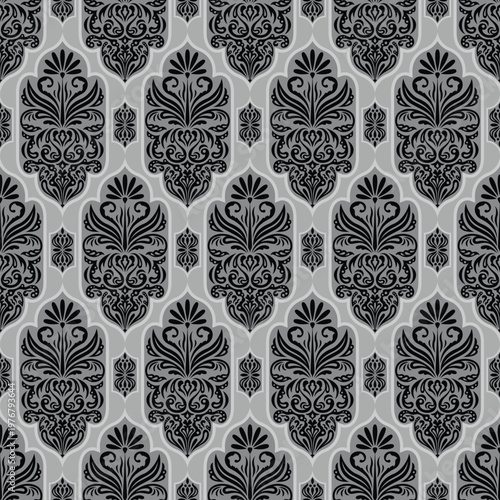 Seamless Black and Grey Vintage Floral Damask Pattern