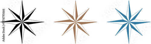 Compass wind rose icon set, multi color star compass symbols illustrating navigation direction mapping travel and marine exploration concepts.
