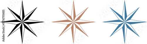 Compass wind rose icon set, colorful star symbols representing navigation direction travel map and nautical exploration design elements.