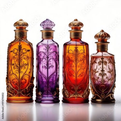 Ornate, colorful glass bottles, gold accents