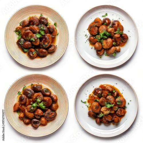 Four plates of cooked mushrooms with herbs
