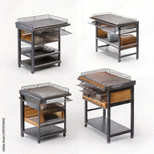 Industrial metal shelving with slide-out grilling racks