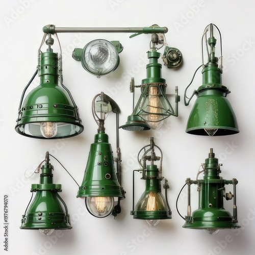 Collection of green industrial-style lighting fixtures