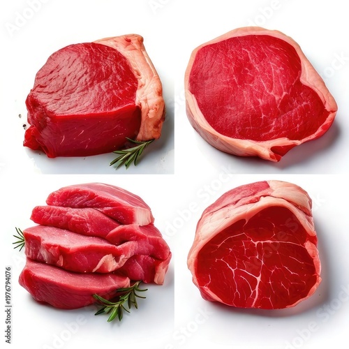 Four raw beef cuts on white, detailed and close up