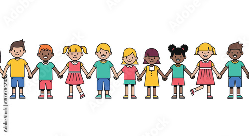 Diverse children holding hands, kids illustration set, unity and friendship concept, colorful cartoon characters