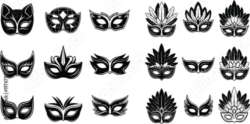 Set of Intricate Luchador Wrestling Masks in Black and White Vector Illustrations for Costume Design, Sports, and Graphic Designs