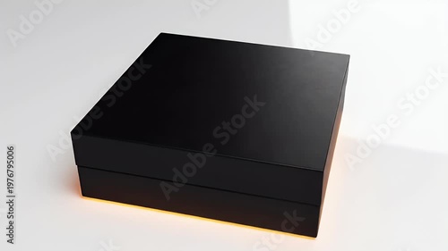 A sleek, black, rectangular box with a subtle orange glow emanating from its base sits on a pristine white surface, showcasing a modern and minimalist design.