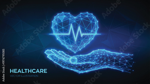 Healthcare concept featuring a glowing blue polygonal human hand holding a stylized heart with a digital heartbeat line representing advanced medical technology and patient care.