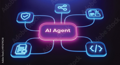 Artificial intelligence agent control panel with glowing purple nodes and icons representing cloud computing and software data management in a futuristic digital environment.