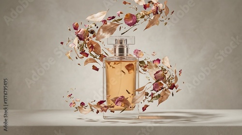 Perfume bottle surrounded by a burst of colorful petals, creating an artistic and expressive fragrance visual.