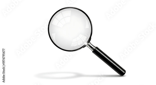 Magnifying glass with black handle and silver accents isolated on white background for search and investigation concepts