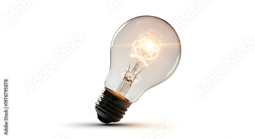 Glowing light bulb on isolated white background with bright filament