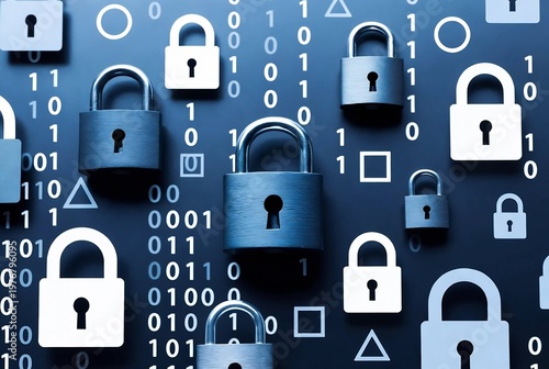 Digital security; data protection with binary code and lock icons.