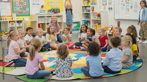 Diverse children sitting in a circle on a colorful rug in classroom