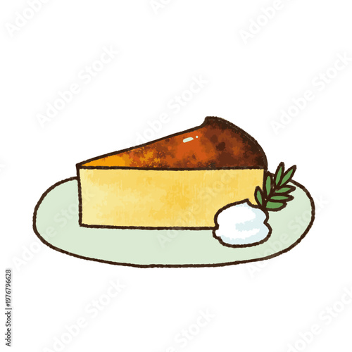 Cute hand-drawn basque cheesecake slice illustration on green plate with whipped cream and mint, cafe dessert clipart on white background
