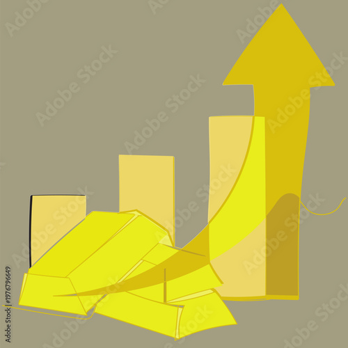 Gold bar with upward arrow representing financial growth, investment profit, and wealth increase. Ideal for business, economy, and finance concepts.