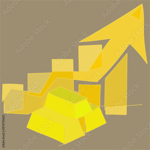 Gold bar with upward arrow representing financial growth, investment profit, and wealth increase. Ideal for business, economy, and finance concepts.