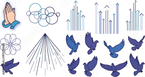 Icons of peace and spirituality feature praying hands, soaring doves, and growth charts arranged in a clean, minimalist collection for design projects.