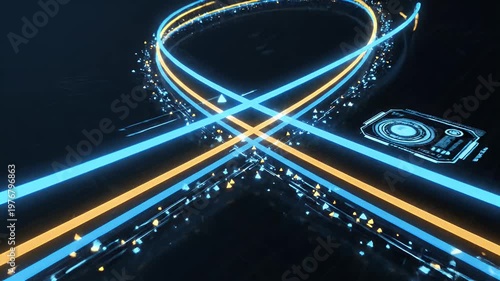 A striking abstract composition features intersecting neon lines in yellow and blue against a dark, tiled surface, creating a modern and dynamic visual effect.