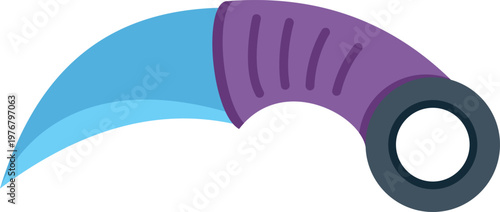 Stylized curved karambit knife with a blue blade and purple handle on white background