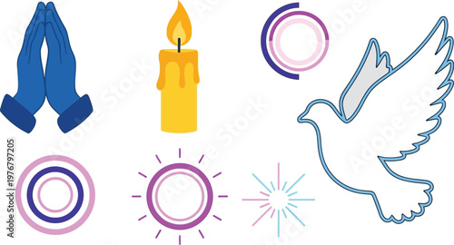 Dove of peace and burning candle icons symbolize hope and spiritual enlightenment in this minimalist graphic collection.